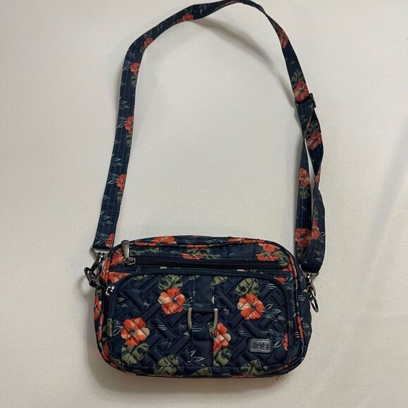 Lug Carousel Navy Blue Aloha Hibiscus Floral Purse Handbag Crossbody - Picture 1 of 11